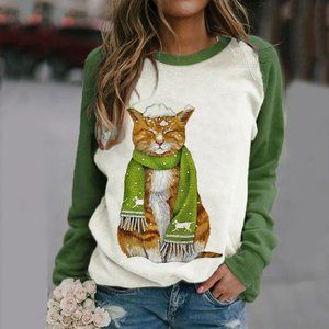 Green Scarf Cat Print Hoodie Sweatshirt Women Autumn O Neck Long Sleeve